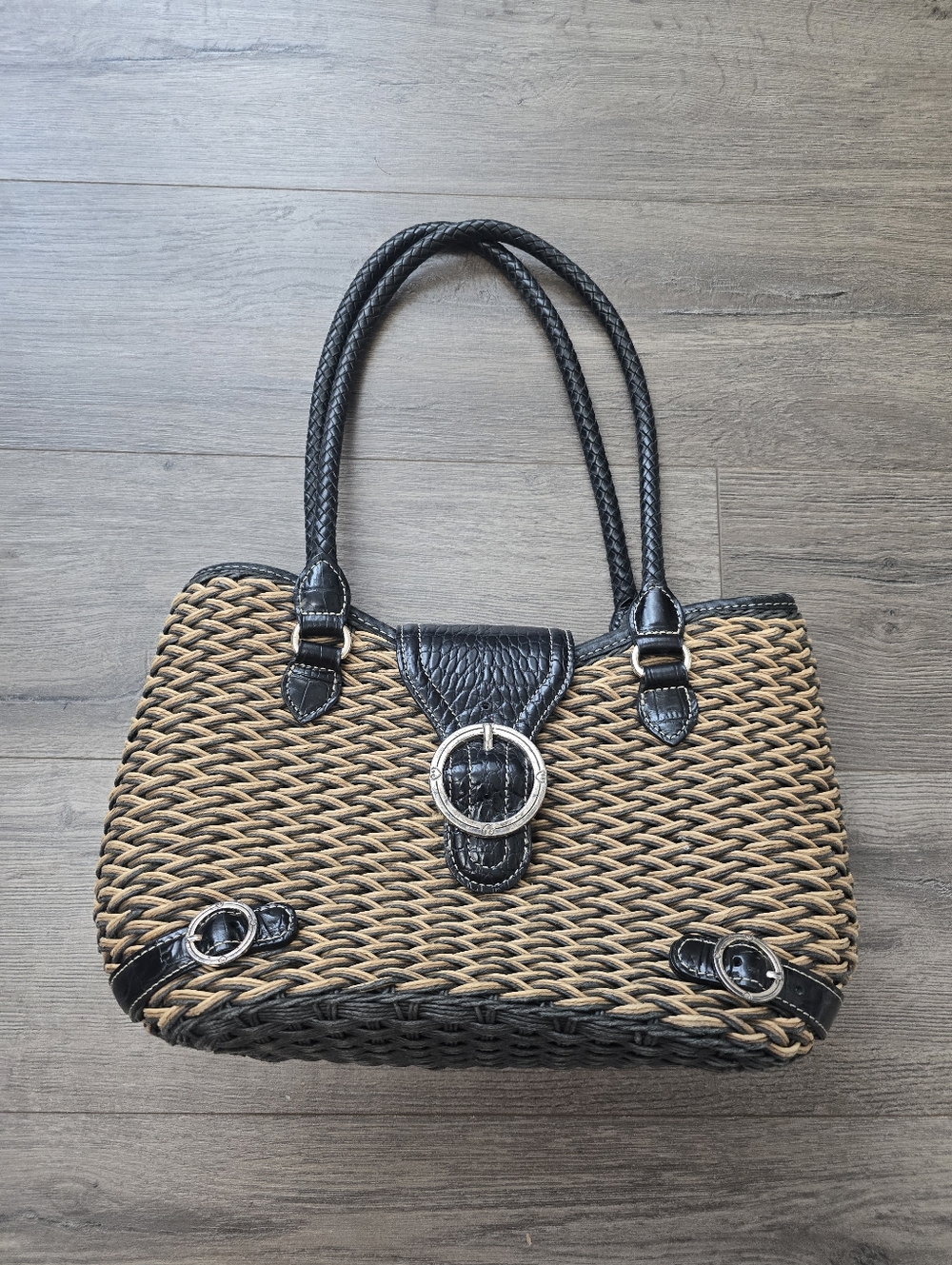 Brighton Handbag Woven Straw Body Black Leather Trim Cottagecore Fisherman